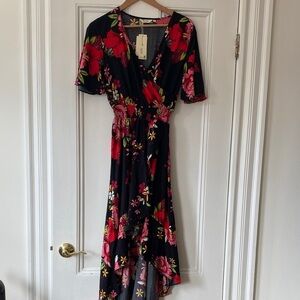 Chic Floral High-Low Dress - Black and Red